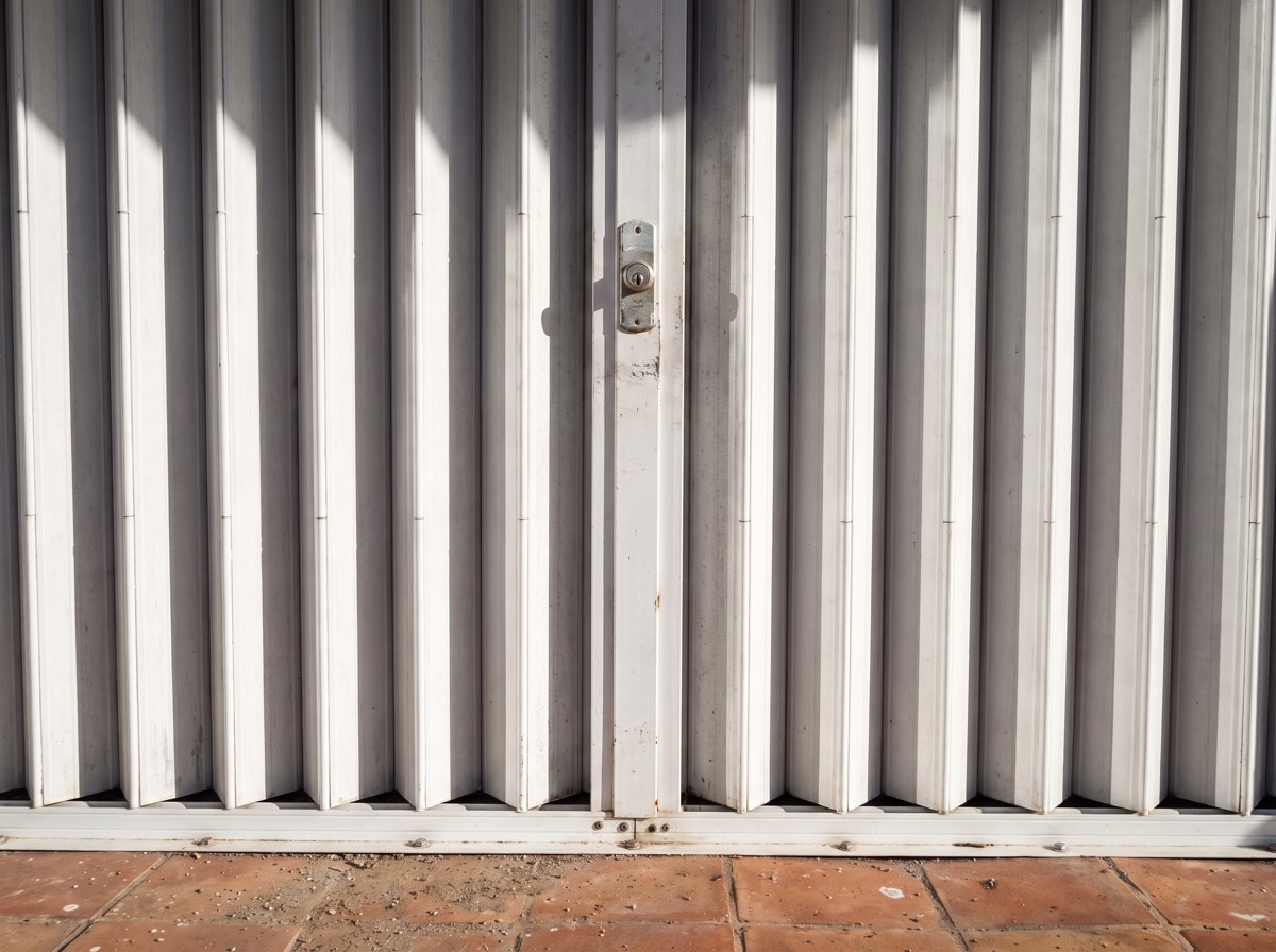 An accordion shutter drawn fully closed across a doorway, its interlocked white blades meeting at a centre post with a keyed lock.