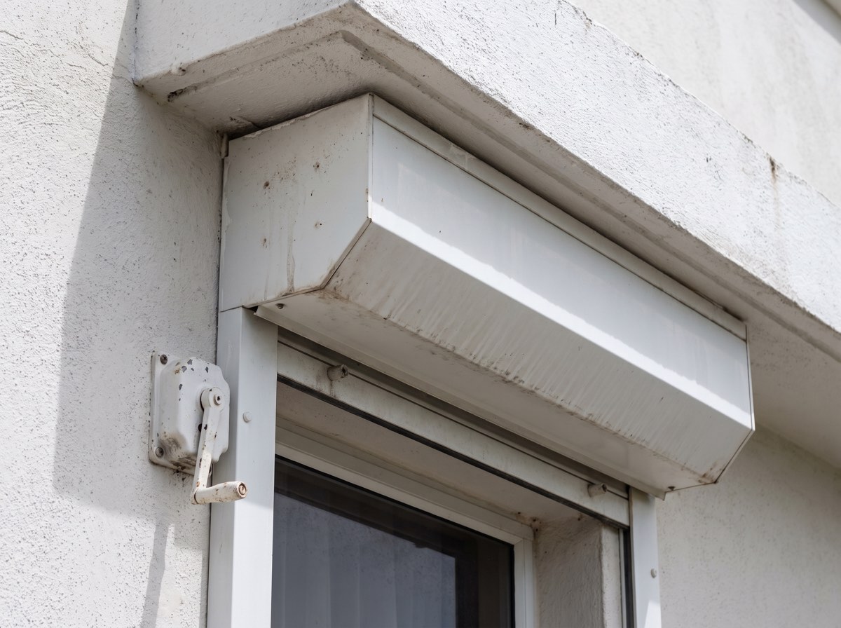 The white headbox of a roll shutter mounted under a concrete lintel, with the guide rail and the manual crank gearbox on the wall beside the window.