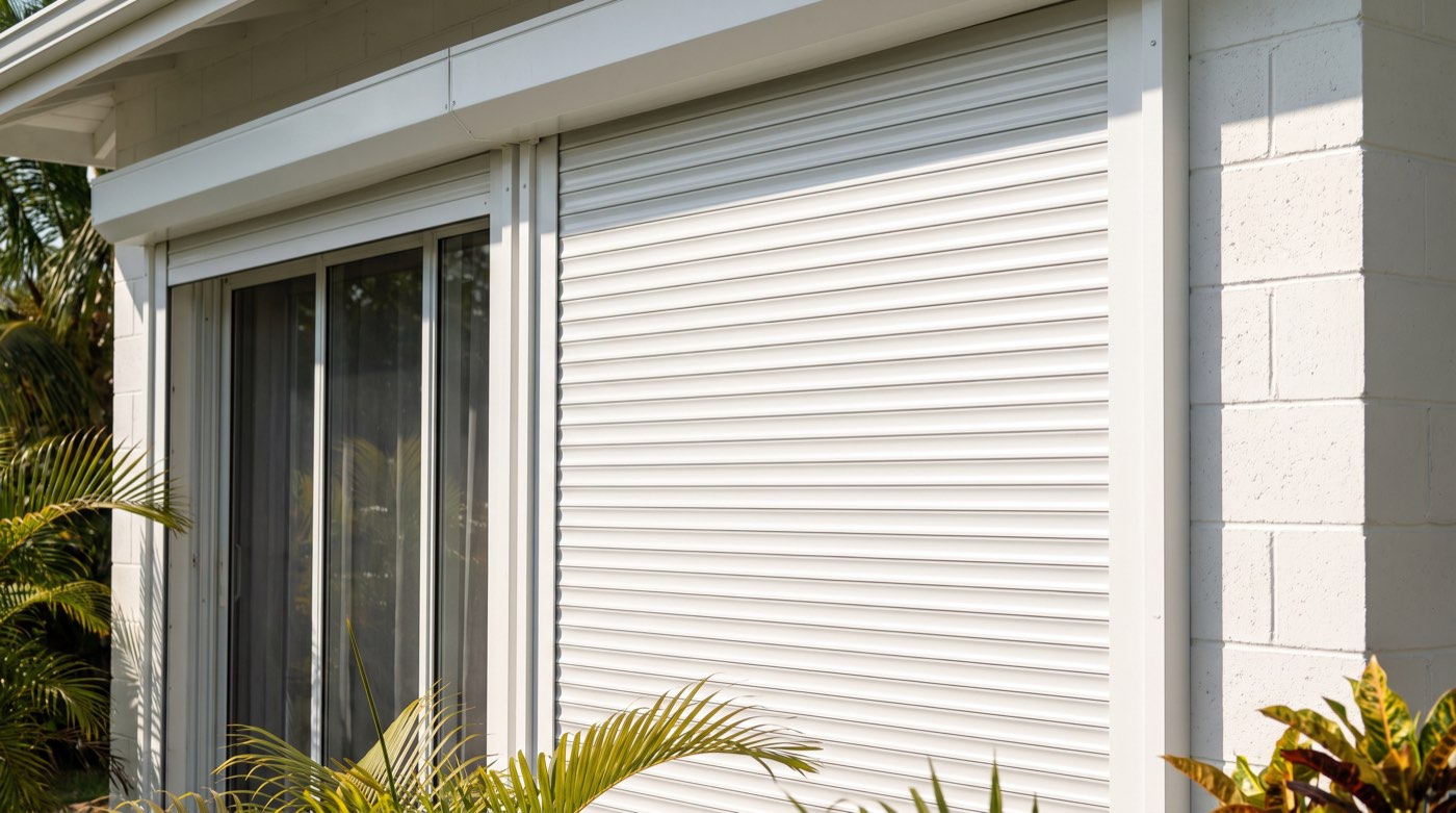 A white aluminium roll shutter fully closed across a wide sliding door on a Caribbean house, sunlight raking across its horizontal slats.