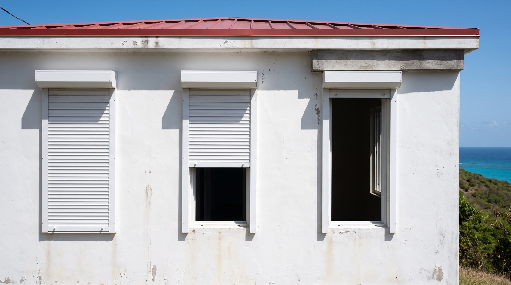 Three windows on a white West Indian house fitted with white roll shutters: one fully closed, one lowered halfway, one fully open showing only the headbox above.