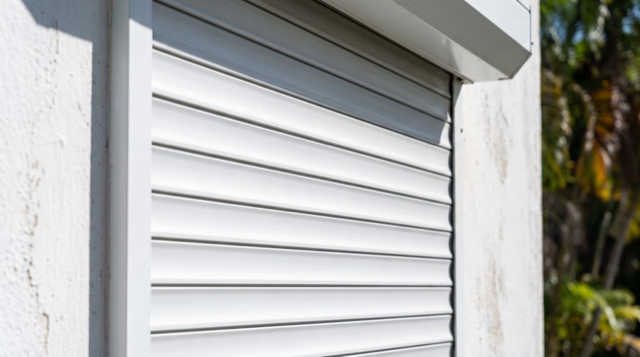 Close view of the white powder-coated aluminium slats of a roll shutter.